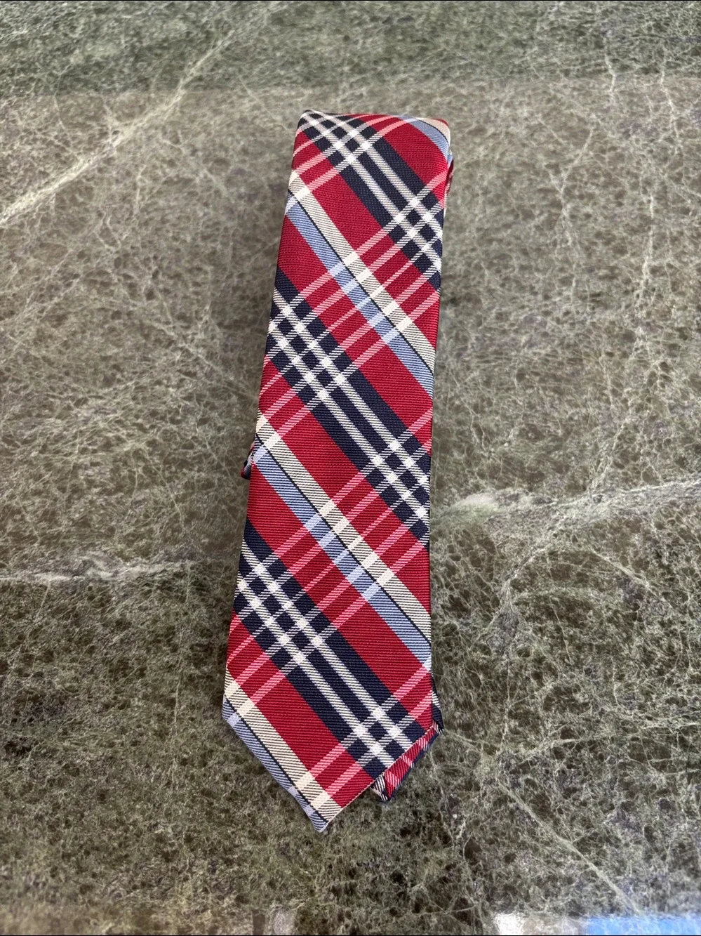 Nordstrom brand necktie 👔 vibrant red, blue, and white plaid tartan pattern.